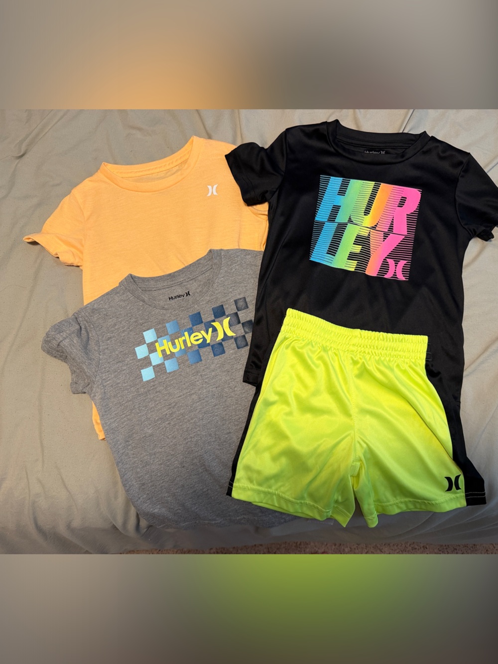Hurley Black Tee with Neon Gradient Logo and Lime Shorts